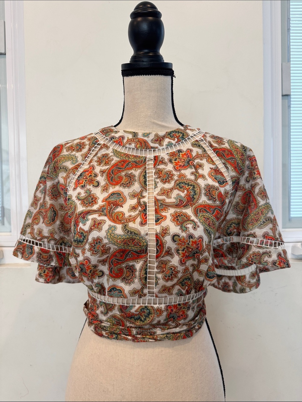 Zimmermann Paisley Flutter-Sleeve Crop Top in White, Orange and Green open back